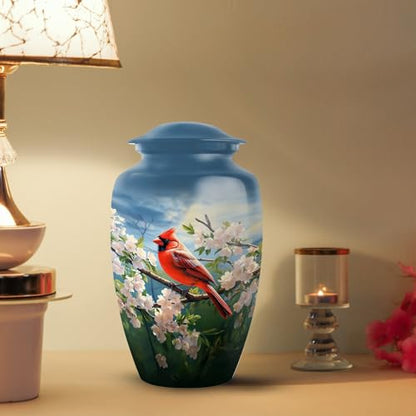 YATSKIA Cherry Blossoms Red Cardinal Bird Urns for Human Ashes Adult Man, Urn for Ashes for Women, Cremation Burial Urns, (Large Urn, 10 Inch)