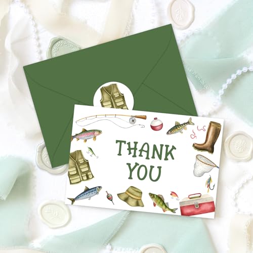 FYSUIMU 24Pcs Fishing Thank You Cards Fishing Rod Fishnet Note Card with Envelopes Stickers Green Blank Greeting Card for Fish Party Birthday Supplies - style: Fishing Rod