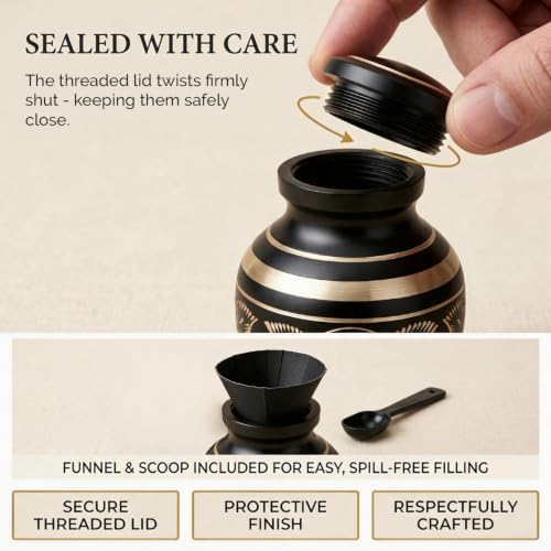 Small Urns for Human Ashes – Brass Hand-Engraved Funeral Keepsake with Elegant Black Finish – Mini Cremation Memorial for Mom, Dad & Loved Ones - color: Black