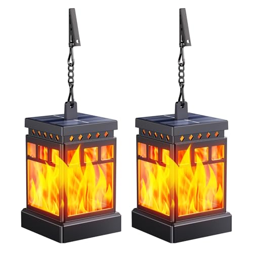 KOOPER Hanging Solar Lanterns Outdoor Waterproof, 2PCS Flickering Flame Hanging Solar Lights for Outside, Outdoor Solar Lanterns up to 12 Hours, Lanterns Decorative for Patio Porch Yard Garden Decor - size: 2 Pack