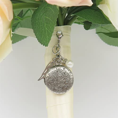 IDLAN Bouquet Locket Photo Charm Wedding Bouquet Memory Charm Memorial Bride Pendant Memorial Photo Keepsake - style: Angel Wings