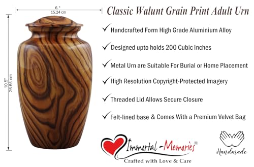 Walnut Grain Print Cremation Urn – Full Size Metal Urn with Teak Wood Finish – Adult Memorial Urn for Human Ashes up to 200 lbs – Funeral Urn for Men and Women with Velvet Bag (Large)