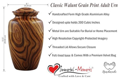 Walnut Grain Print Cremation Urn – Full Size Metal Urn with Teak Wood Finish – Adult Memorial Urn for Human Ashes up to 200 lbs – Funeral Urn for Men and Women with Velvet Bag (Large)