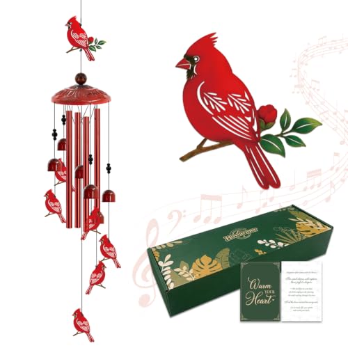 35" Cardinal Wind Chime, Red Cardinal Gift for Women, Mom, Memorial Decor | Outdoor Wind Chime for Patio Garden, Red Bird Yard Decor, Sympathy Memorial Gift, Peaceful Decoration for Home - color: Cardinal