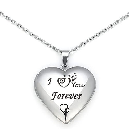 I You Forever“ Love Heart Shaped Locket Necklace That Can Holds Pictures Inside Stainless Steel Locket Necklace - color: Silver