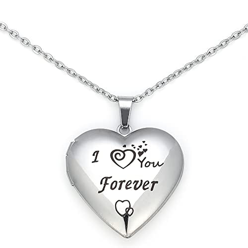 I You Forever“ Love Heart Shaped Locket Necklace That Can Holds Pictures Inside Stainless Steel Locket Necklace - color: Silver