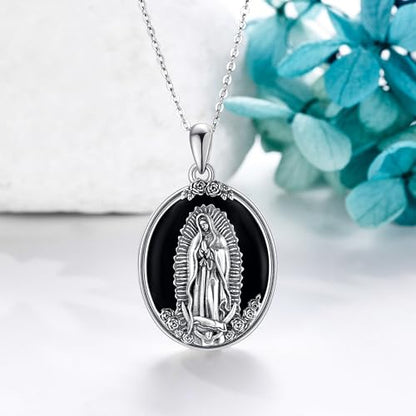 YAFEINI Virgen De Guadalupe Necklace 925 Sterling Silver Mother Mary Necklace Virgencita Jewelry Thanksgiving Day Gifts for Women - style: Black Onyx