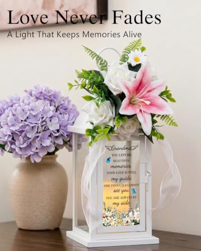Memorial Lantern with Flower, Sympathy Gift for Loss of Grandma, Funeral Remembrance Gift in Loving Memory of Grandmother - color: Grandma/White