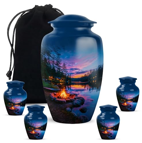 Campfire Adult Cremation Funeral Urn for Human Ashes, Keepsake Memorial Gift, Handcrafted Small Urns for Ash Container, Combo, 1 Large 10 Inch & 2 Mini 3 Inch - color: Campfire 4, size: 10"+3"Combo-3