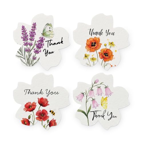 24 Plantable Flower Thank You Tags, 4 Floral Designs | Writable wildflower seed paper tags for weddings, baby showers, birthdays, bridal showers, parties, and gift wrapping - style: 24 Flower B Tags
