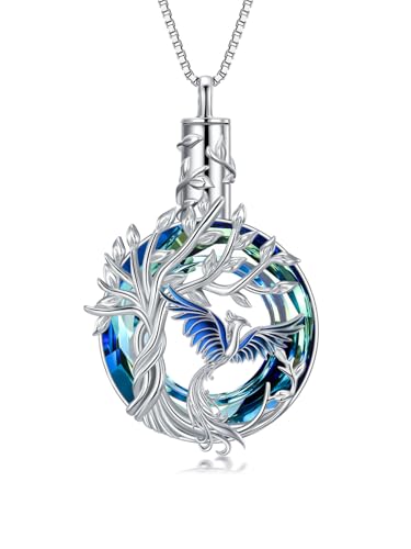 TOUPOP Phoenix Urn Necklace Cremation Jewelry for Ashes 925 Sterling Silver Crystal Phoenix Pendant with Funnel Filler Memorial Jewelry Gifts for Women - color: 01-Blue Phoenix