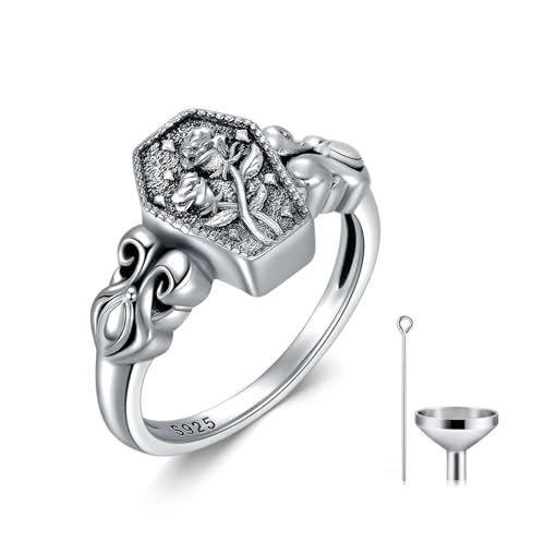 Coffin Urn Ring for Aches Sterling Silver Rose Flower Urn Rings Vintage Cremation Jewelry Gift for Women - size: 10