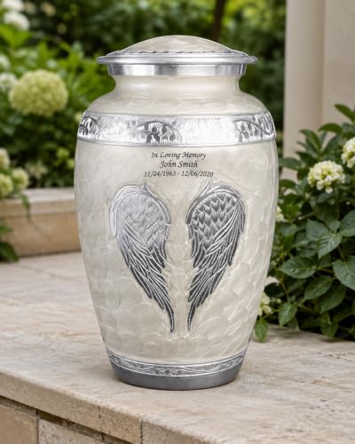 White Angel Wings Funeral Cremation Urn with Matching Keepsake, Velvet Bag and Personalization (Pearl White, Large) - color: Pearl White, size: Large
