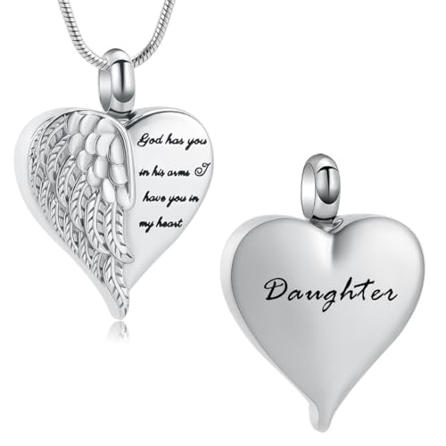 Angel Wing Heart Urn Necklace for Ashes Cremation Jewelry for Women Men Stainless Steel Memorial Necklaces Ash Holder for Human Keepsake Jewelry for Loved Ones with Fill Tool - color: Silver-Daughter