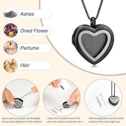 Oinsi Cremation Locket Necklace For Ashes Of Loved One Carry Photo Glass Memorial Urn Jewelry 316L Stainless Steel Keepsake Gifts - color: B-Black