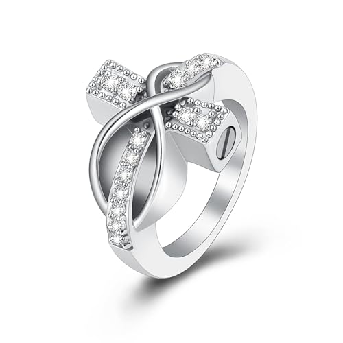 Crystal Cross Urn Ring for Ashes Stainless Steel Cremation Urn Ring for Women Man Keepsake Memorial for Ring - color: Steel-9#