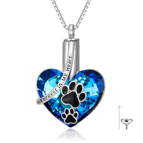 TOUPOP Sterling Silver Urn Necklace for Ashes with Crystal Memorial Keepsake Dragonfly/Butterfly/Cardinal/Cat/Dolphin Cremeation Jewelry Birthday Mothers Day Christmas Gifts for Her Women - style: Paw Print