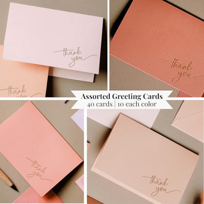 Paper Play Pink Thank You Cards with Envelopes, Gold Foil Text (40 Pack) | 5 x 3.5", Pink Textured Surface, Heavyweight Cardstock, Matching Gold Foil Stickers, For Baby Shower, Wedding, Bridal Shower, - color: Pink Tones