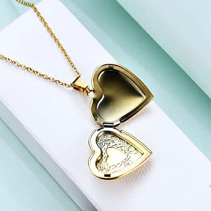 KunBead Women's Heart Photo Locket Necklace with Picture inside I Love You Heart Shaped Jewelry Pendant Necklace - color: gold