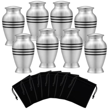 8 Pack Small Keepsake Urns Bulk for Human or Pet Ashes with 8 Velvet Bags Decorative Cremation Mini Funeral Urns Hard Metal for Adult Men Women About 2.9 Inches