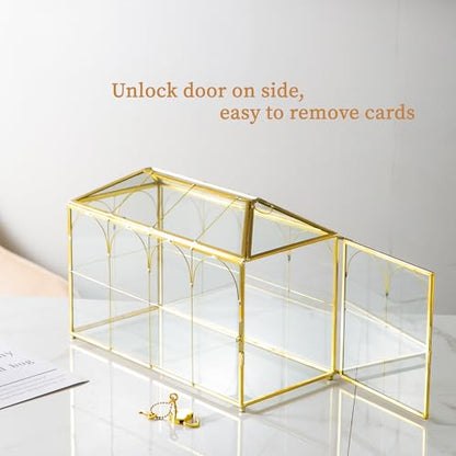 Glass Wedding Card Box with Slot, 12.5'' Large Clear Card Box Gold Brass Gift Card Storage Box with Lock Perfect for Wedding Receptions, Baby Shower, Birthday Party, Bridal Shower - color: B-Gold Card Box 12.6''