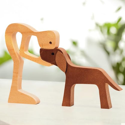 DOPTIKA Wooden Man and Dogs Figurines Home Decor, Wood Pet Carving Gifts for Men, Dog Statue for Bedroom Office Bookshelf Decor, Wooden Dog Memorial Gifts for Loss of Dogs
