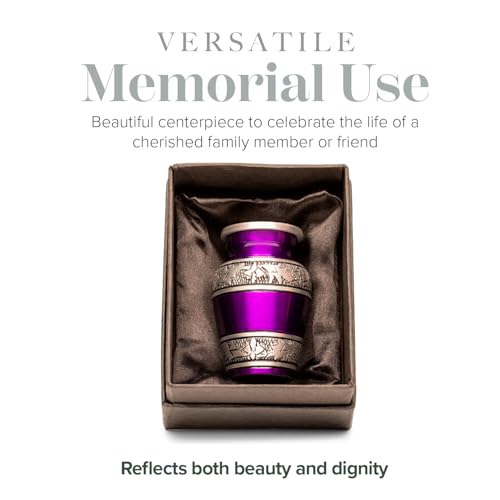 Eternal Harmony Small Keepsake Urn, Male & Female Small Cremation Urn for Human Ashes with Elegant Finishes, Secure Seal & Velvet Bag, Mini Urn for Men & Women Ashes Up to 3 Cubic Inches (Purple) - color: Purple