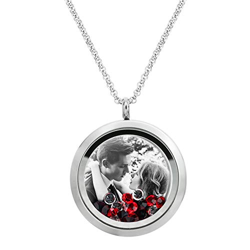 Stainless Steel Personalized Custom Photo Engraving Crystal 30mm Round Pendant Floating Locket Chain Necklace