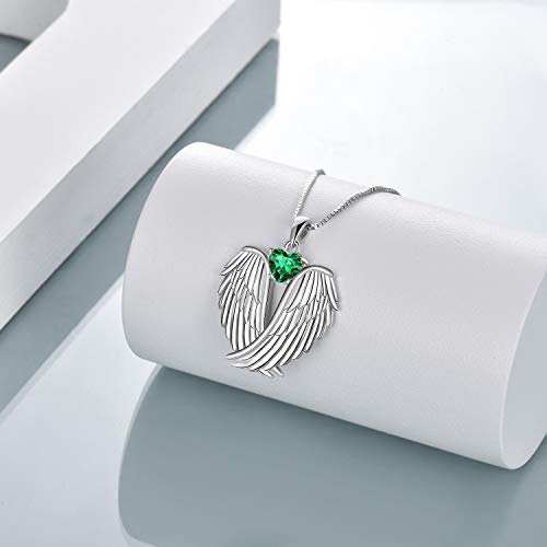 YFN Angel Wings Necklace 925 Sterling Silver Guardian Angel Wings Pendant Necklace Birthstone Necklace for Women Girls Christmas Jewelry Gifts - color: May-Green