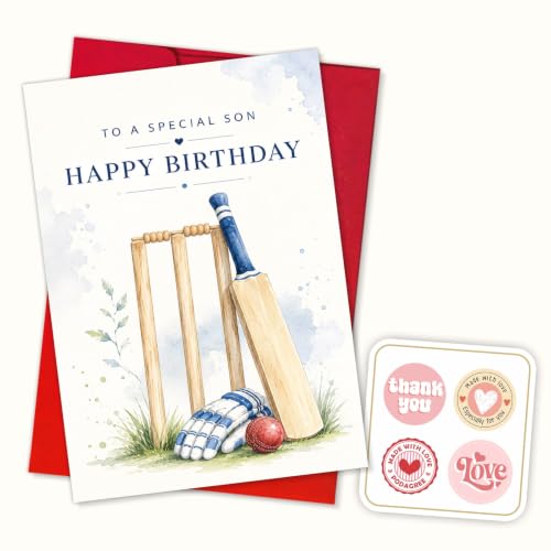 Cricket Birthday Card, Bat Wicket Ball Greeting Gift For Player | Cricket Birthday Card For Special Son, Cricket Player, Cricket Fan, Sports Birthday Gift Card, Bat Ball Wicket Greeting Card - color: sport4
