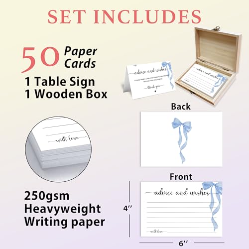 Advice and Wishes Cards Box, 50 Pcs Birthday Wedding Baby Shower Advice Cards, Well Wishes Box for Birthday Party Graduation Bridal Shower Retirement Party, Anniversary(Blue Bow) -A01 - color: Blue Bow, size: Set with Wooden Box