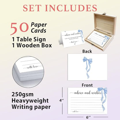 Advice and Wishes Cards Box, 50 Pcs Birthday Wedding Baby Shower Advice Cards, Well Wishes Box for Birthday Party Graduation Bridal Shower Retirement Party, Anniversary(Blue Bow) -A01 - color: Blue Bow, size: Set with Wooden Box