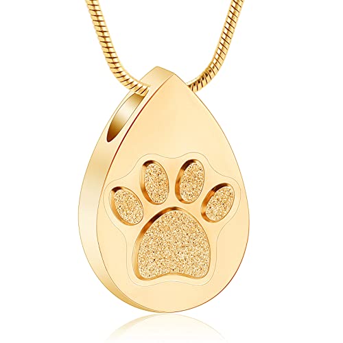 Droplet Shape Cremation Jewelry for Dog/Cat Paw Print for Ashes Keepsake Memorial Urn Pendant Necklace with Stainless Chain and Fill Kits for Men Women - color: Gold