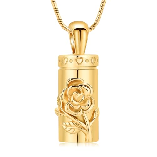 Rose Urn Necklace for Ashes for Women/Men Flower Cremation Pendant Memorial Keepsake Jewelry Gift for Loved One - color: Gold
