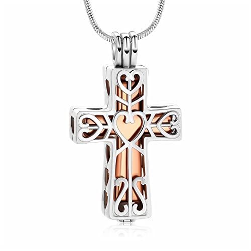 Crystal Cross Necklace for Ashes Stainless Steel Keepsake Cremation Jewelry Religious Cross Memorial Urn Necklace for Pet Human Ashes Gifts - color: S-Rosegold