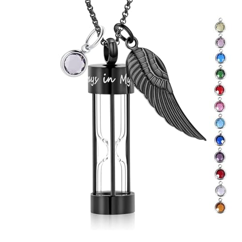 Hearbeingt Timeless Hourglass Urn Necklaces for Ashes Cremation Jewelry | for Women Men,with 12 Birthstones,Stainless Steel,Memorial Necklace,Ash Pendant for Human Pet,Keepsake Jewelry,with Fill Tool - color: Round_Black