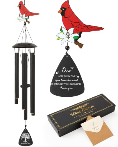Wind Chimes for Outside, Sympathy Gift for Loss of Loved One, Black | Red Cardinal Sympathy Wind Chimes with Tree of Life Pendant, Weather-Resistant Aluminum Tubes, Bereavement Remembrance Gift - color: Black