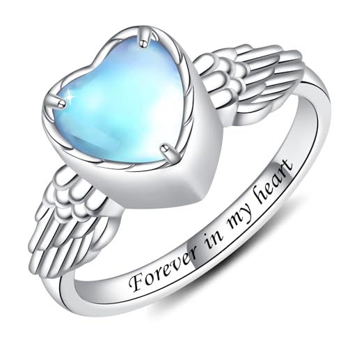 Heart Cremation Ring for Ashes - 925 Sterling Silver Moonstone Angel Wings Urn Keepsake Rings Memorial Jewelry for Women