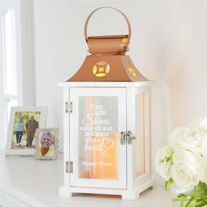 Let's Make Memories Personalized Memorial Lantern - Sympathy - Condolences - LED Candle - Automatic Timer - Wood/Stainless Steel - Copper Finish - Keep the Light On - style: Your Light Shines Upon Us