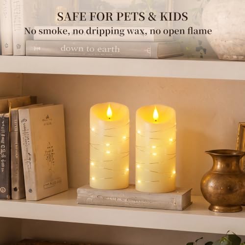 Homemory Flameless Candles with String Lights, 2 Pack Embedded Fairy String Lights LED Candles, Electric Flickering Candles with Remote Control and Timer, Real Wax, Ivory White - color: Ivory, 2Pack