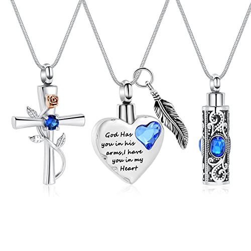 3 Pcs Cylinder/Cross/Heart Urn Necklace for Ashes Cremation Jewelry for Women Men Stainless Steel Memorial Necklaces Ash Holder for Human Pets Keepsake Jewelry for Loved Ones with Fill Tool - color: Dark Blue