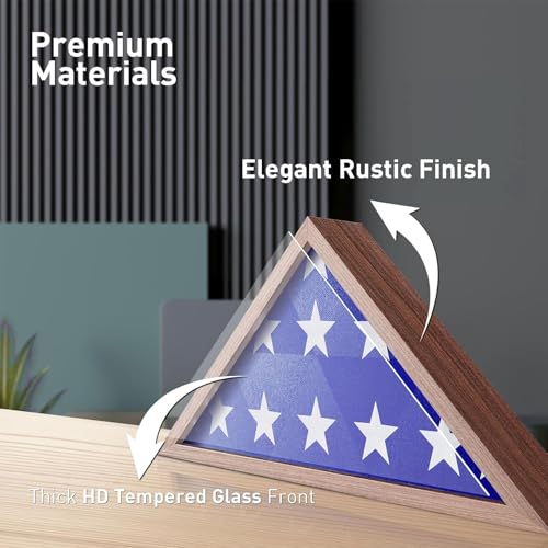 ASmileIndeep Flag Display Case - 5' x 9.5' Funeral & Military Flag Shadow Box with HD Tempered Glass and Wall Mount, Folded Triangle Flag Holder Frame for Veterans, Rustic Brown - size: For 5' x 9.5' Flag-Rustic Brown