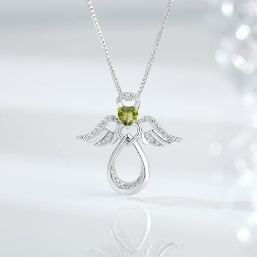 925 Sterling Silver Guardian Angel Pendant Necklace for Women with Birthstone Cubic Zirconia Little Angel Pendant Necklace Jewelry 18 inch Chain - color: 08-Aug-Peridot