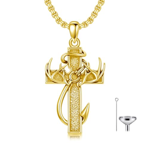 Cross Urn Necklace for Ashes Fish Hook Antler Cremation Pendant 925 Sterling Silver Nail Cross Memorial Jewelry Engraving Name Keepsake Gifts for Men Dad Husband - color: 1-Gold, style: 2-Custom engraving