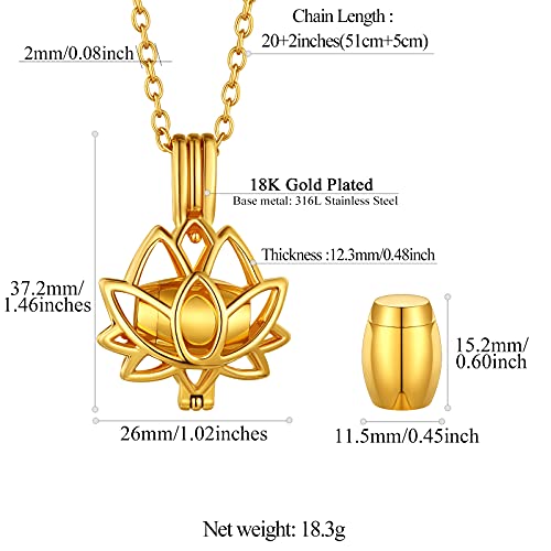FindChic Personalized Urn Necklaces for Ashes Vertical Bar/Moon Cat/Sand Clock/Dog Claw Pendant Stainless Steel/18K Gold Plated/Black Waterproof Keepsake Cremation Jewelry with Funnel, with Gift Box - color: 4. lotus (gold)