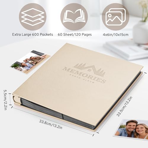 DazSpirit 4x6 Photo Album, 600 Pockets, Leather Cover, Slip-In Pages | Embossed Leather Cover, Extra-Large Memory Book for Wedding, Baby, Anniversary and Family Photos, Beige - color: Beige