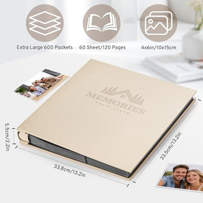DazSpirit 4x6 Photo Album, 600 Pockets, Leather Cover, Slip-In Pages | Embossed Leather Cover, Extra-Large Memory Book for Wedding, Baby, Anniversary and Family Photos, Beige - color: Beige