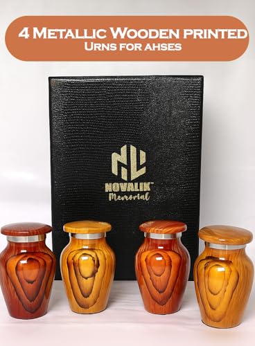 Wooden Print Mini urns for Human Ashes - Decorative Small Cremation Urn for Adult Male & Female - Keepsake Urns for Ashes for Cherished Memories with 4 Velvet Bags - (Set of 4)