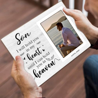 Memorial Photo Frame, Sympathy Gifts for Loss of Son, in My Heart, in Loving Memory Wooden Picture Frame, Bereavement Remembrance Funeral Passed AWay Condolence Gifts (White-Son, 4 x 6 Photo) - color: White-Son