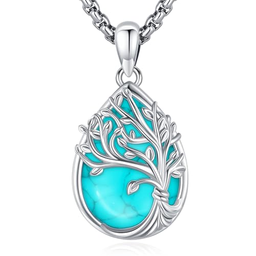 Sterling Silver Tree of Life Necklace for Women Oval Family Tree Necklace Abalone Shell Moonstone Pendant Mother Day Necklace for Mom Tree of Life Jewelry - style: Tree of Life-Turquoise-2